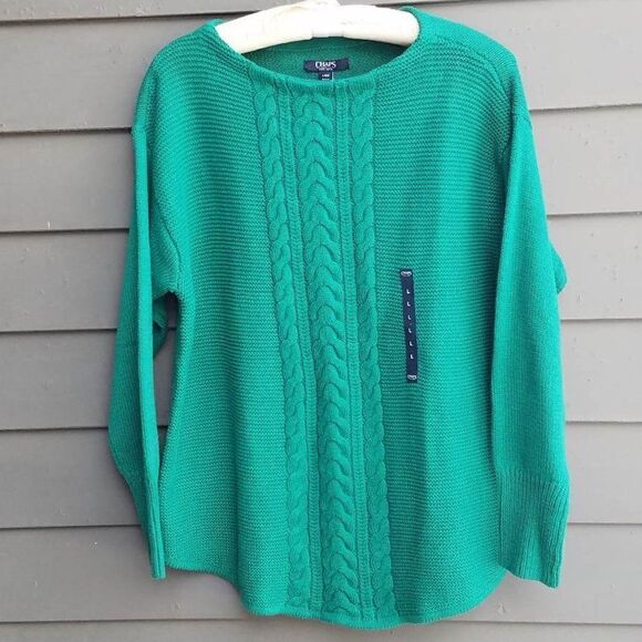 NWT Chaps Green Cable Knit Cotton Blend Sweater size Large - Picture 1 of 6
